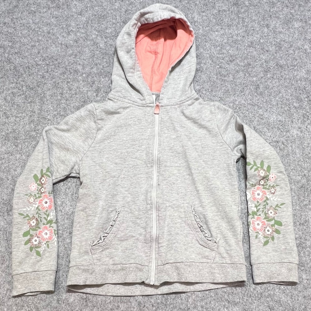 Crown & Ivy Girls Heather Gray Floral Glitter Ruffle Zip Up Hoodie Size 12